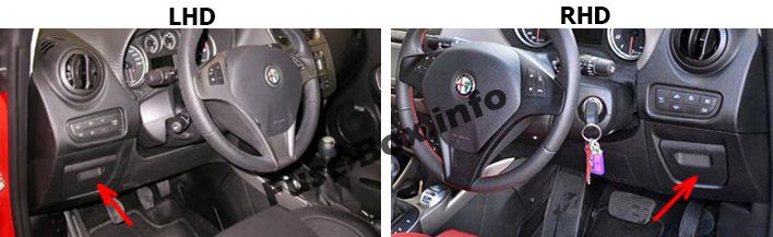 Alfa Romeo MiTo (2014, 2015, 2016, 2017) Position des Sicherungskastens Alfa Romeo MiTo Sicherungskasten im Innenraum Sicherungsdiagramm