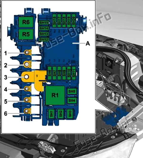 Audi A1 (8X; 2010, 2011, 2012, 2013, 2014, 2015, 2016, 2017, 2018) Sicherungskastendiagramm Sicherungen in der Elektronikbox: Audi A1 (8X; 2010, 2011, 2012, 2013, 2014, 2015, 2016, 2017, 2018)
