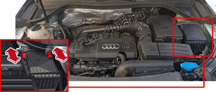 Audi Q3 (8U; 2011, 2012, 2013, 2014, 2015, 2016) Position des Sicherungskastens Position des Sicherungskastens im Motorraum: Audi Q3 (8U; 2011, 2012, 2013, 2014, 2015, 2016)