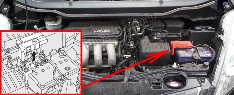 Lage der Sicherungen im Motorraum: Honda Fit (GE; 2009-2014)