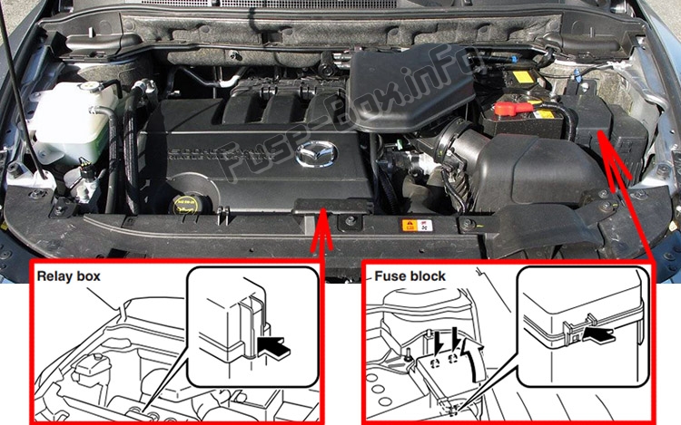 Position des Sicherungskastens im Motorraum: Mazda CX-9 (2006-2015)