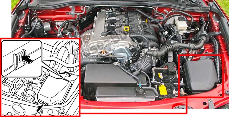 Position des Sicherungskastens im Motorraum: Mazda MX-5 Miata (ND; 2016-2019 ..)