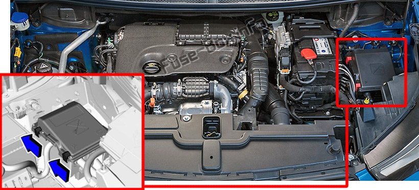 Position des Sicherungskastens im Motorraum: Opel (Vauxhall) Grandland X (2017-2020 ..)
