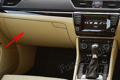 Position des Sicherungskastens im Fahrgastraum (RHD): Position des Sicherungskastens im Fahrgastraum: Skoda Superb (2015-2019)